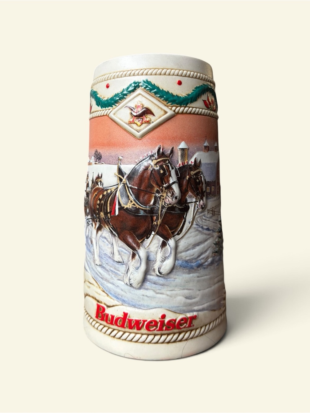 VTG 1996 Budweiser Holiday Beer Stein American Homestead Clydesdales Ceramarte
